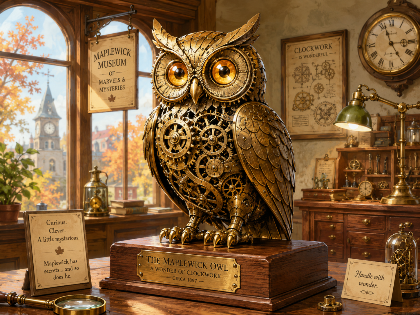 A clockwork owl in Maplewick Museum